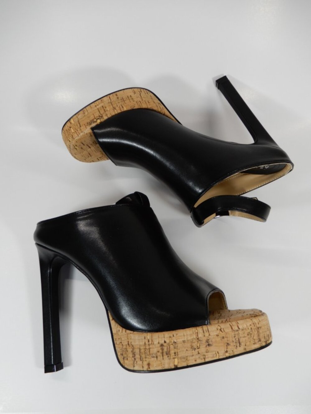 AZALEA WANG Maelie Peep Toe Shoes Cork Platform Stiletto Heel Size 6.5 Black NEW - Picture 9 of 13